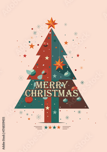 A stylish Merry Christmas greeting card with tree is decorated with stars,balloons and festive elements, with bold vintage typography.Perfect for digital holiday cards, printable Christmas greetings, 