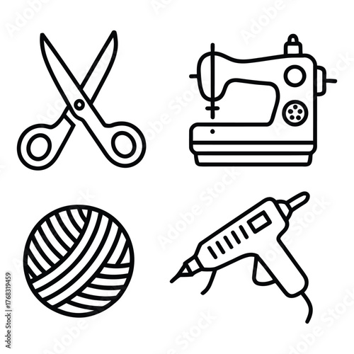 Crafting and sewing icon set with scissors sewing machine yarn ball hot glue gun cutting fabric
