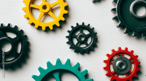 Several precision gears of different sizes and colors interlock with each oth...