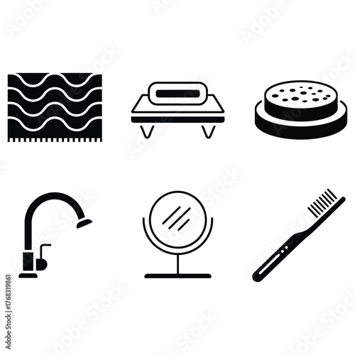 Bath towel soap dish sponge faucet mirror and toothbrush icons on white background vector