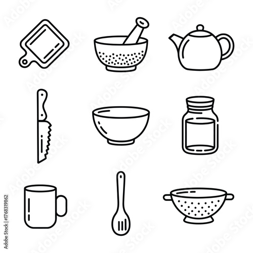 Cutting board mortar pestle teapot knife bowl jar mug spoon colander icons on white background