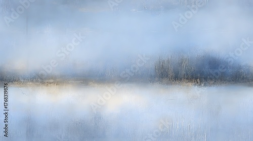 Horizontal abstract landscape painting features muted blue tones and a central horizon line