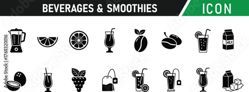 Beverages and smoothies glyph icon set. Including Smoothie, Juice, Straw, Blender, Glass, Fruit, Ice, Lemon, Strawberry, Water Bottle. Vector silhouette illustration