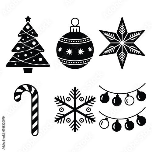 Festive Holiday Season Black and White Vector Illustration Featuring a Christmas Tree Bauble Star Snowflake Candy Cane and Garland for Greetings and Decorations