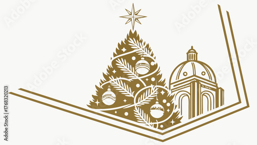 Christmas tree and architectural dome illustration in elegant monochrome vector style.