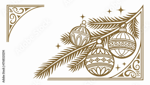 Decorative Christmas corner with fir branch, ornate baubles, and elegant scrollwork in monochrome vector.