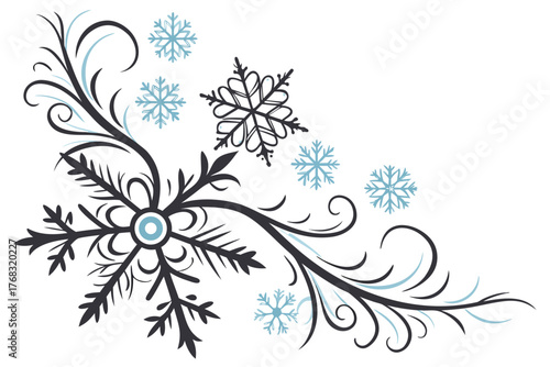 Elegant winter vector corner ornament combining swirling floral flourishes and various stylized snowflakes.