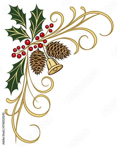 Classic Christmas corner design with holly, berries, pinecones, bell, and decorative gold swirls in a vector.