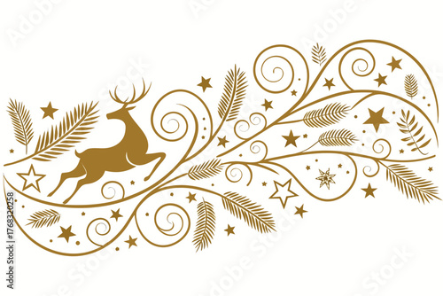 Horizontal golden festive design with a jumping reindeer, flowing swirls, and fir branches.
