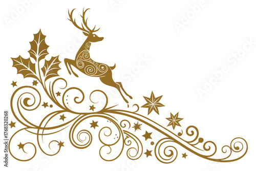 Elegant golden Christmas swirl design with a patterned jumping reindeer and holly leaves.

