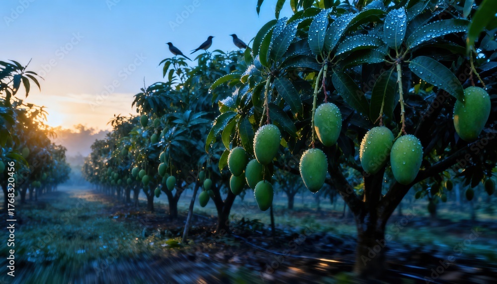 Fototapeta premium Green mangoes with dew drops hanging from trees in an orchard at sunrise. Tropical fruit farm in the early morning. Agriculture and food cultivation concept