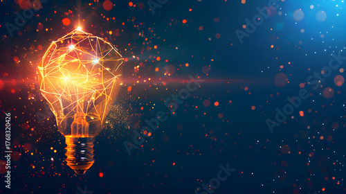 glowing lightbulb made of digital particles on dark gradient background, concept of creativity and innovation, ad banner layout with copy space