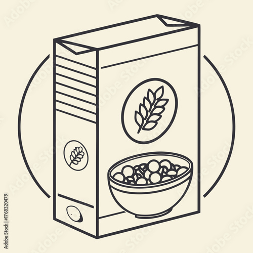 Illustration of a cereal box with a bowl of cereal and wheat design