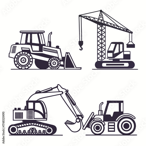 Construction vehicles including bulldozer and crane