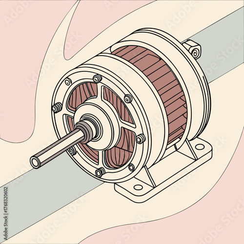 Illustration of an electric motor with a shaft and winding detail