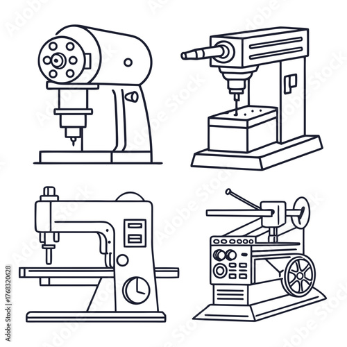 Illustration of various industrial sewing and drilling machines