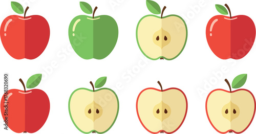 A selection of whole and sliced red and green apples are displayed against a white background.
