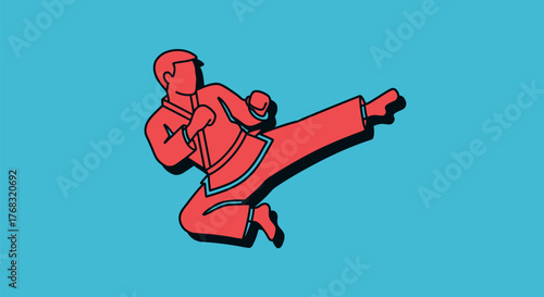 A martial artist in a karate uniform performs a dynamic kick against a vibrant blue background.