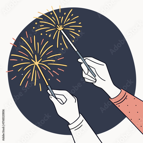 Illustration of hands holding sparklers against a dark blue circular background