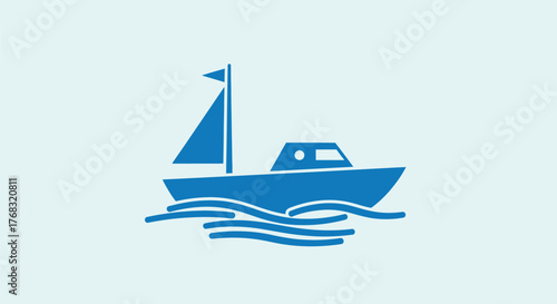 A blue sailboat navigates gentle waves on a light blue background.