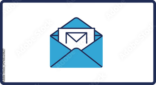 An open blue envelope reveals a white letter with a dark blue envelope icon.