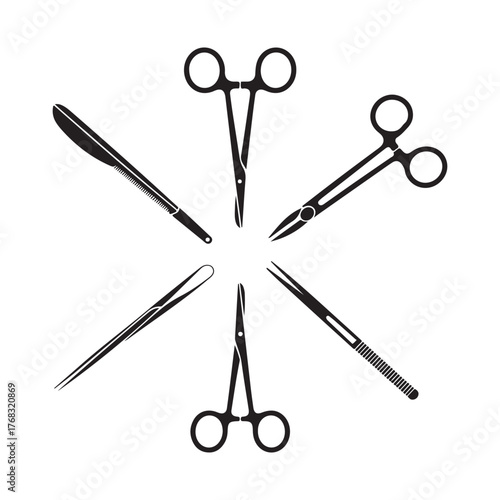 Surgical Forceps and Scissors Silhouette Vector Icon Set