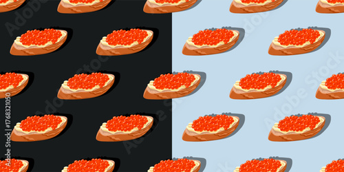 Seamless pattern with red caviar sandwiches illustration on dark and light background. Top view of flat lay on table. Vector print for kitchen textile, restaurant poster and food package design.