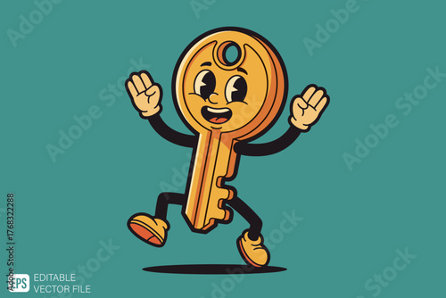 Happy Golden Key Cartoon Character Jumping with Joy.