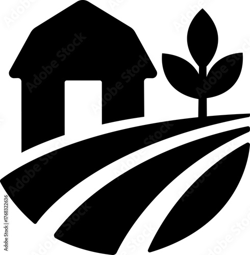 Logo with a simple and modern agricultural design. It represents a rural house, a stylized field and a plant, symbolizing nature, culture and sustainability.