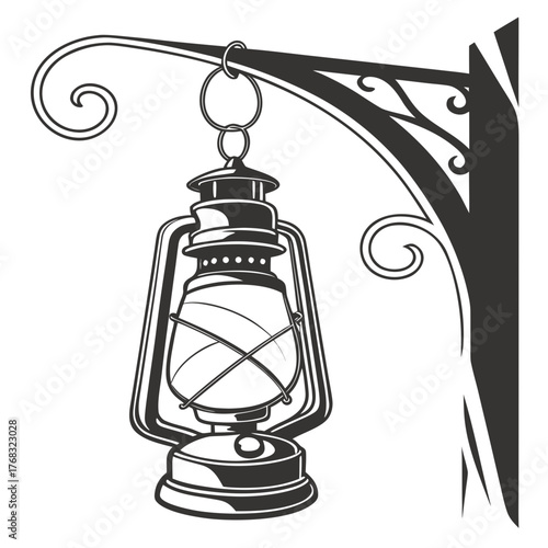 Vintage Kerosene Lantern Hanging from a Decorative Bracket kerosene lamp antique