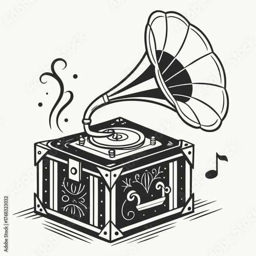 Vintage Gramophone with Decorative Box and Musical Notes phonograph antique