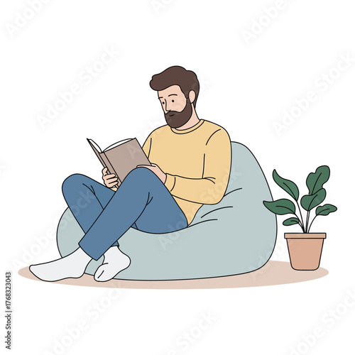 Man reading a book on a beanbag chair vector illustration of a person relaxing at home isolated on white background