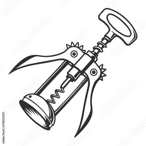Black and White Corkscrew Illustration on White Background Keywords: corkscrew, wine opener