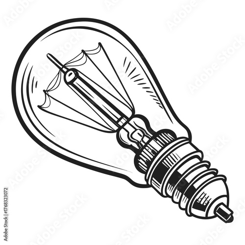 Black and White Sketch of an Incandescent Light Bulb on White Background filament