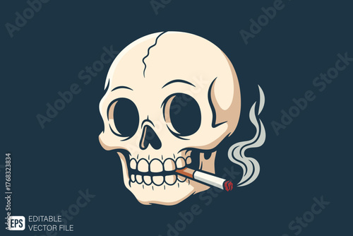 Cartoon Skull Smoking Cigarette Vector Illustration.