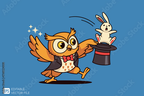 Cute Cartoon Owl Magician Performing Magic Trick with Rabbit fro
