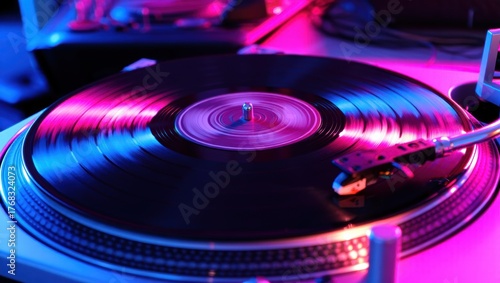 Vibrant vinyl record spinning on a turntable with colorful lighting effects