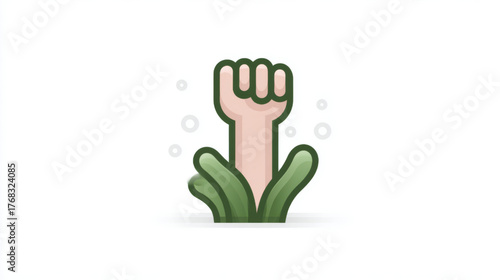 Minimalist flat illustration of a raised activist fist emerging from green plant leaves, strong and simple, representing organic power and environmental protest.