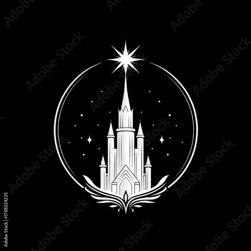 Minimalist circular fantasy castle logo or icon, elegant white silhouette on a dark black background, representing magic, dreams, and architectural landmark.