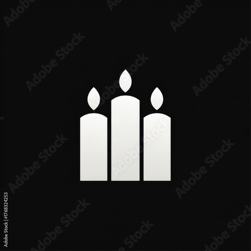 Minimalist flat icon of three candles in a row, clean white silhouette on a dark black background, representing advent, spirituality, and light concept.