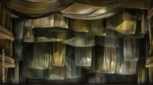 Golden theater curtains, layered and textured, in an elegant opera house interior with ornate balconies, wide view, copy space.