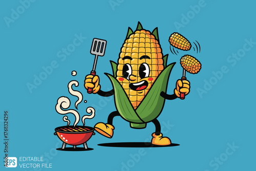Happy Corn Character Grilling Delicious Barbecue.
