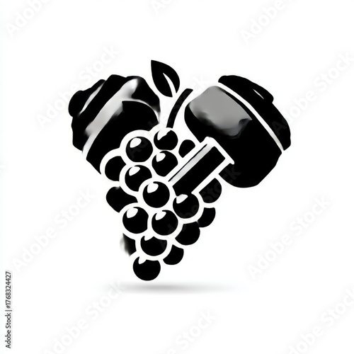 Minimalist solid icon of grapes and a wine barrel or glass, clean black and white, representing viticulture, organic farming, and winery concept.