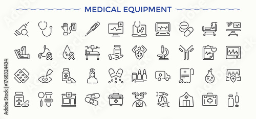 Medical Equipment icon set. Minimalist editable vector stroke. Operation icon set. It contains symbols to theater, operation, health, surgical, medical and more.
