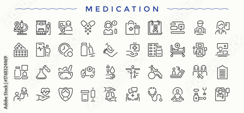 Medication icon. Outline icons collection. Treatment icon set. Containing cure, pill, pharma, antibiotic, medical, pharmacy and more.