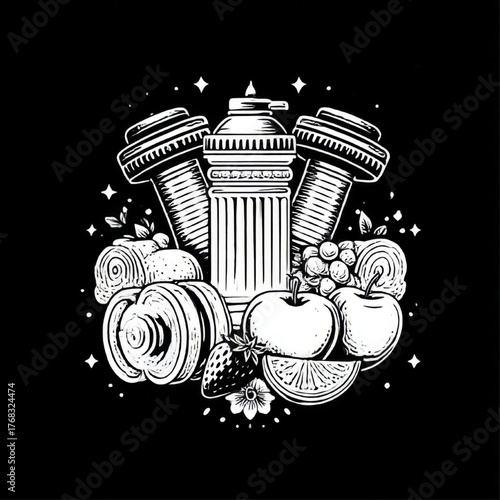 Vintage style engraving collage of fitness elements, including shakers, dumbbells, and fresh fruit, black and white, representing healthy living and nutrition.