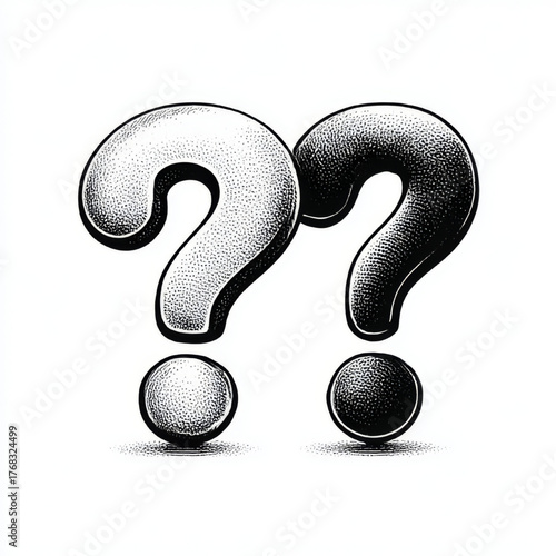 Dramatic stippling engraving of two overlapping question marks, high contrast black and white, representing mystery, inquiry, and intense thought.