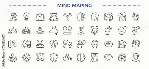 Mind maping icon pack. Goal icon set. Icons for UI designs. Related to assessment, objective, act, resources, task and more. Vector collections.