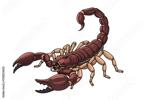 Detailed illustration of a scorpion with pincers and a tail, a representation of arachnids