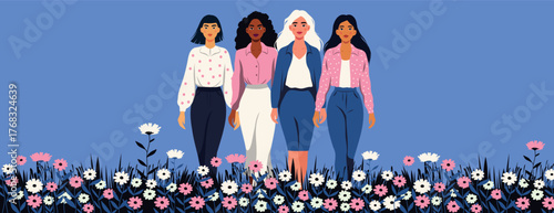 Vector illustration with space for text, dedicated to women's projects, March 8, Women's Day, equality, empowerment. Women of different cultures, skin tones walk together, surrounded by flowers